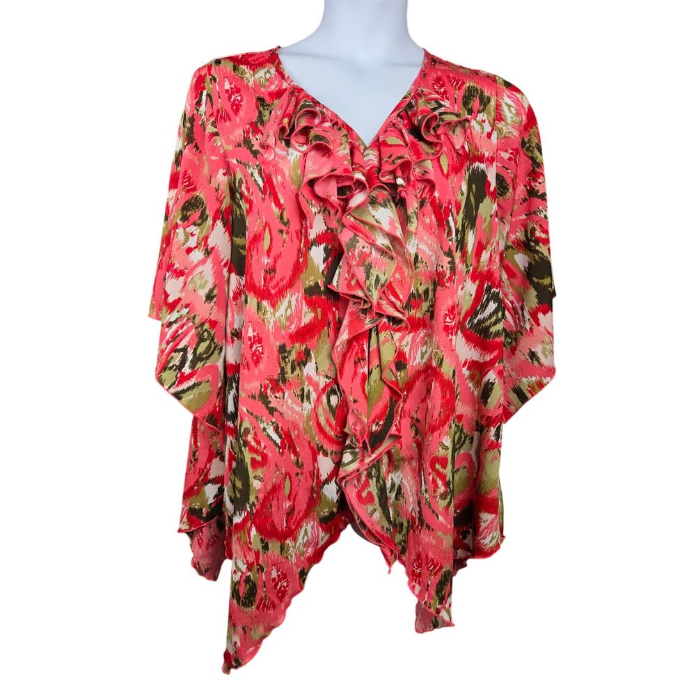 Cato Woman Blouse 18/20W Coral Abstract Print Ruffle Handkerchief Hem Plus